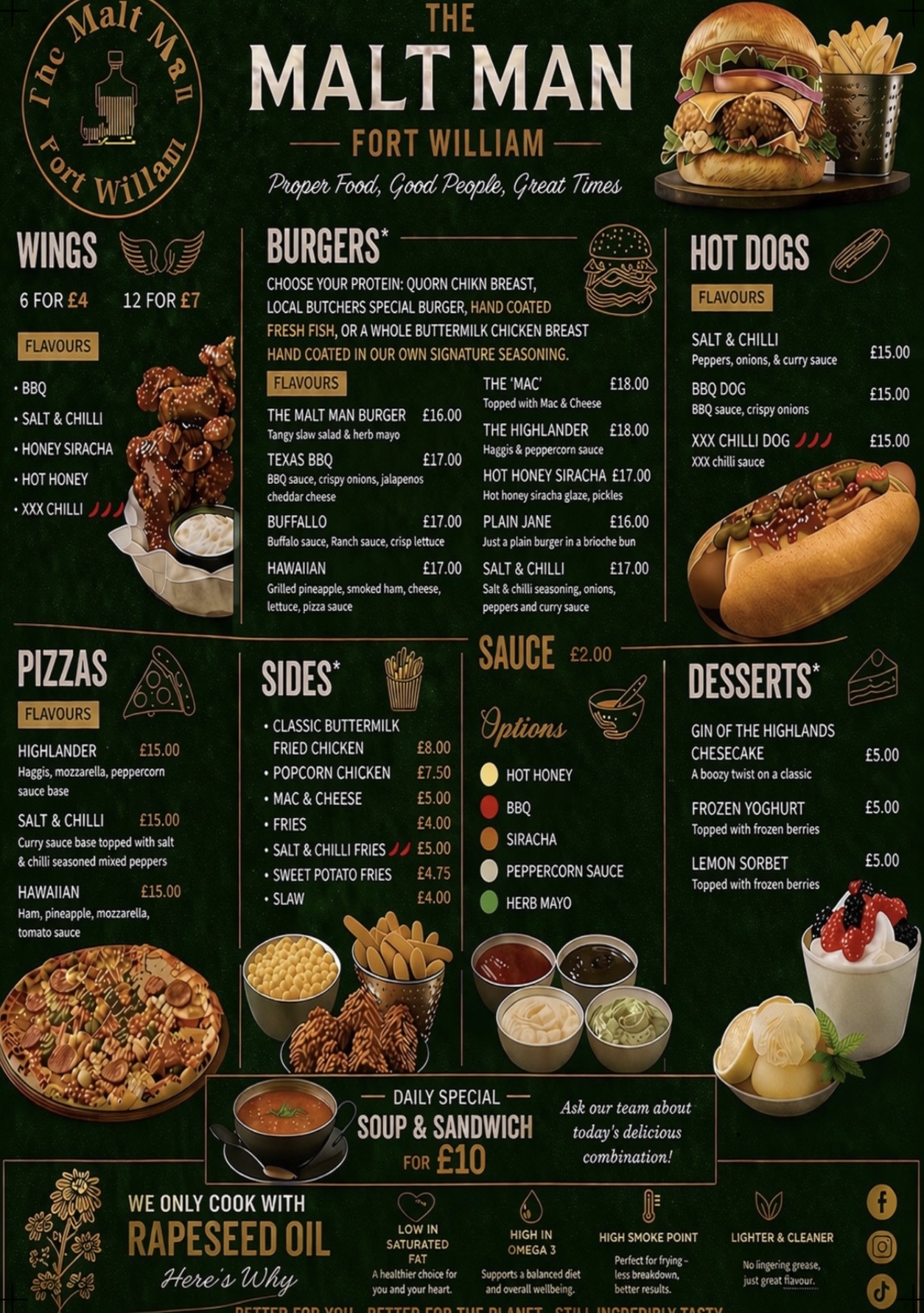 Printed menu — Wings, Burgers, Hot Dogs, Pizzas, Sides and Desserts (photo: The Malt Man)